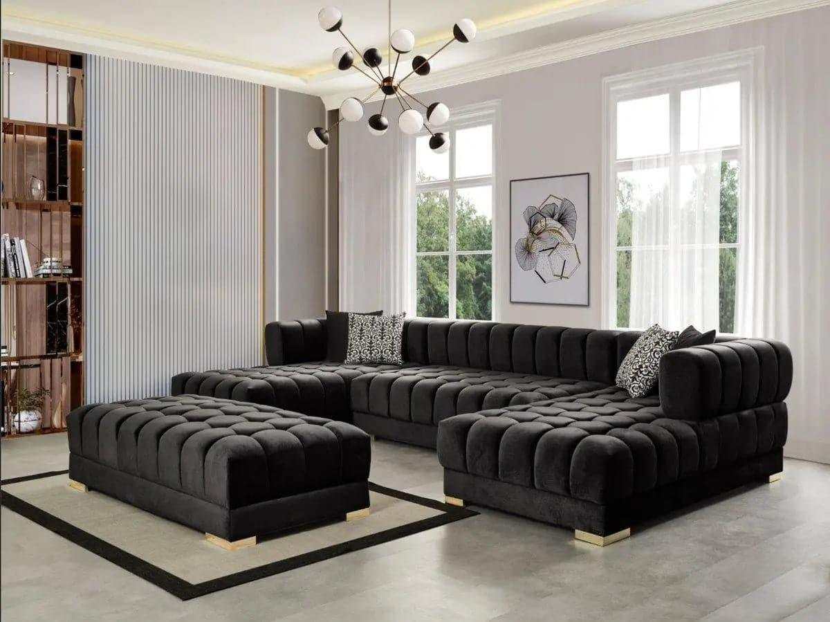 Ariana Black Velvet Double Chaise Sectional Sofa - Ornate Home