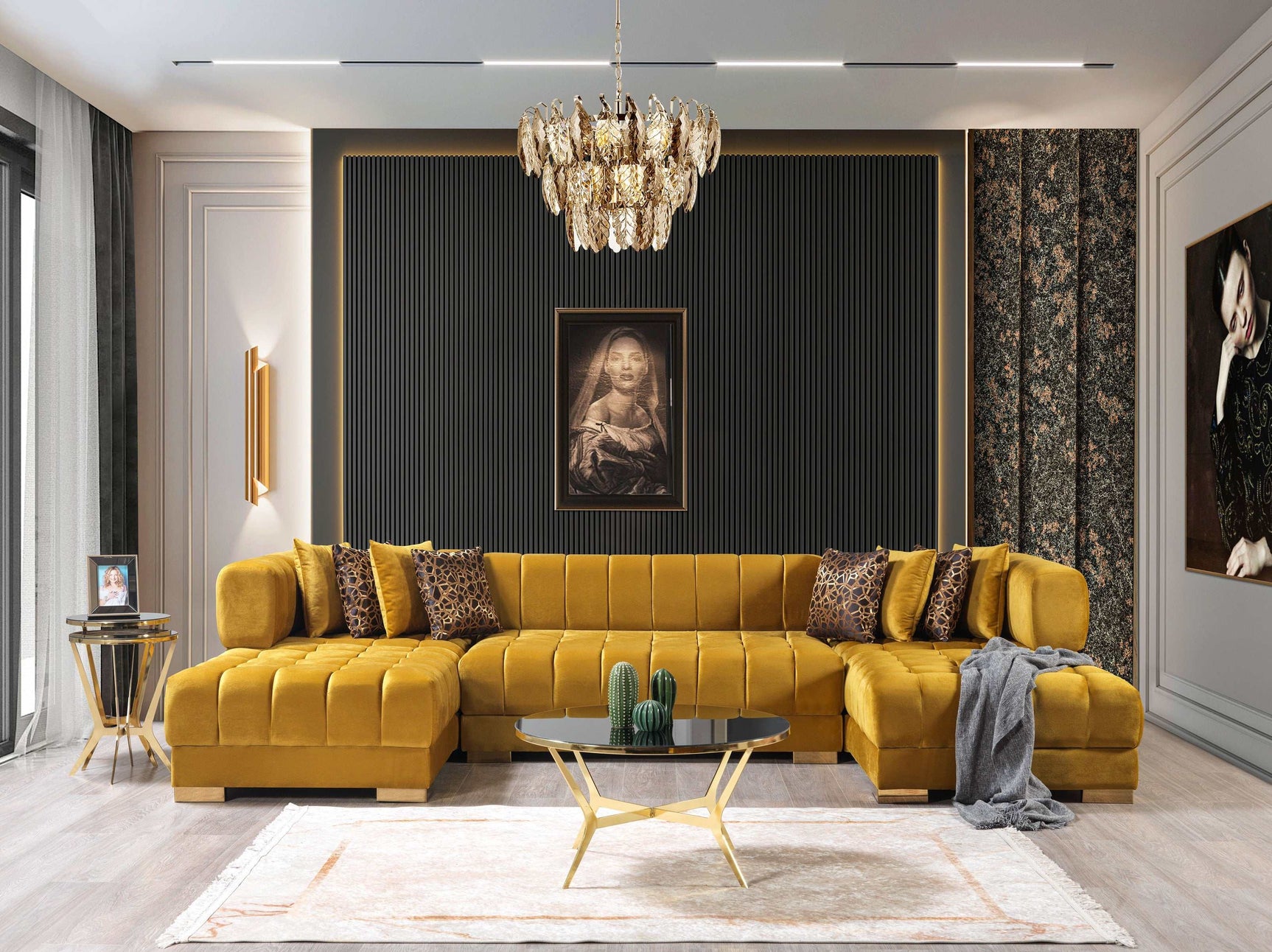 Ariana Mustard Velvet Double Chaise Sectional - Ornate Home
