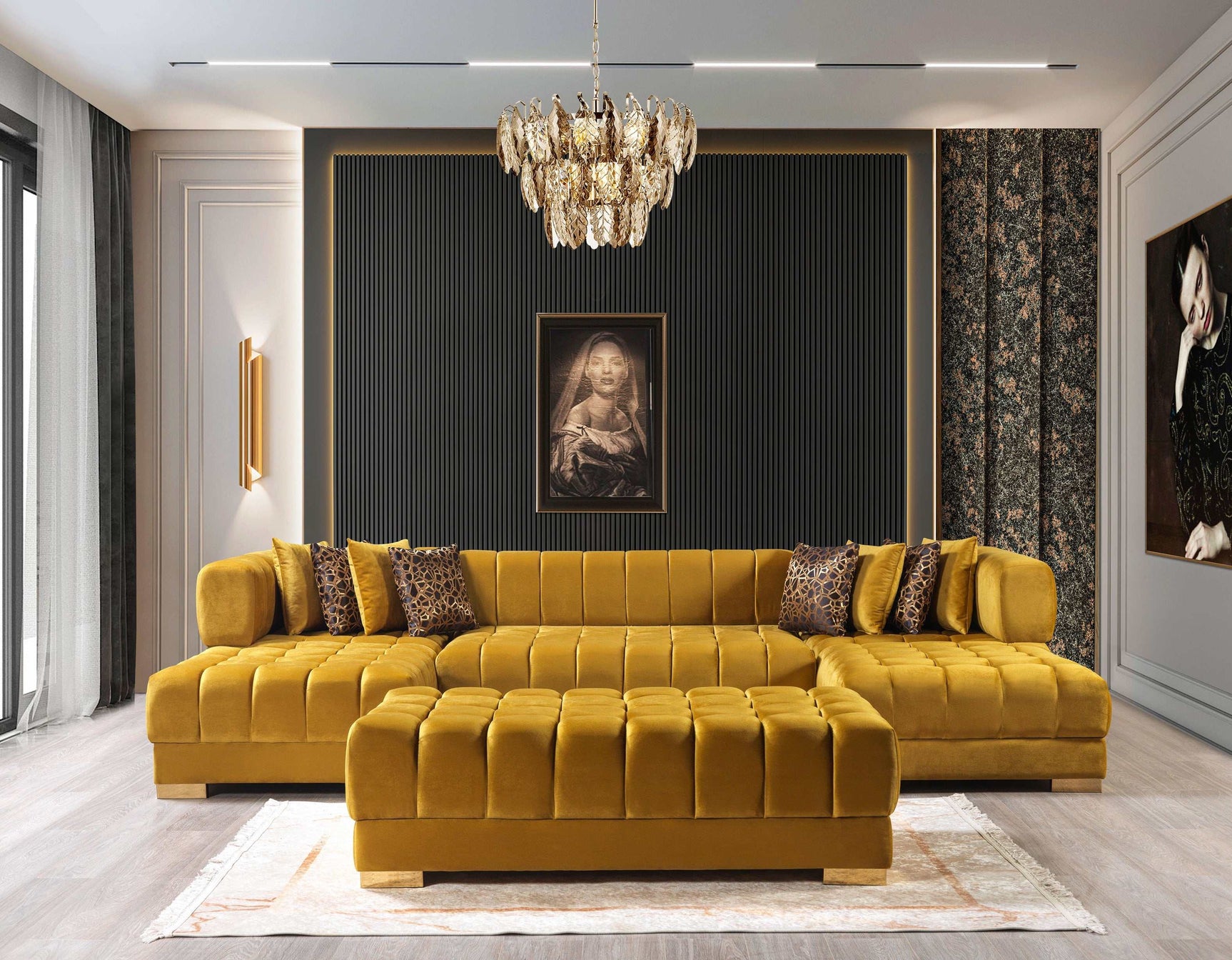 Ariana Mustard Velvet Double Chaise Sectional - Ornate Home