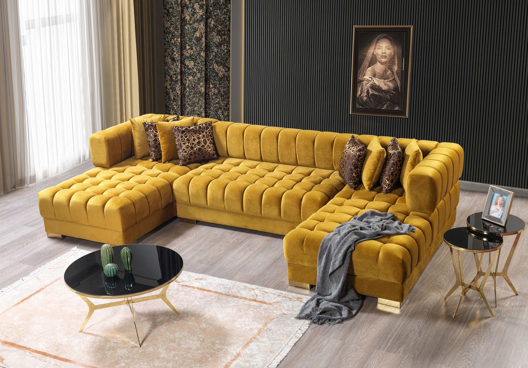 Ariana Mustard Velvet Double Chaise Sectional - Ornate Home