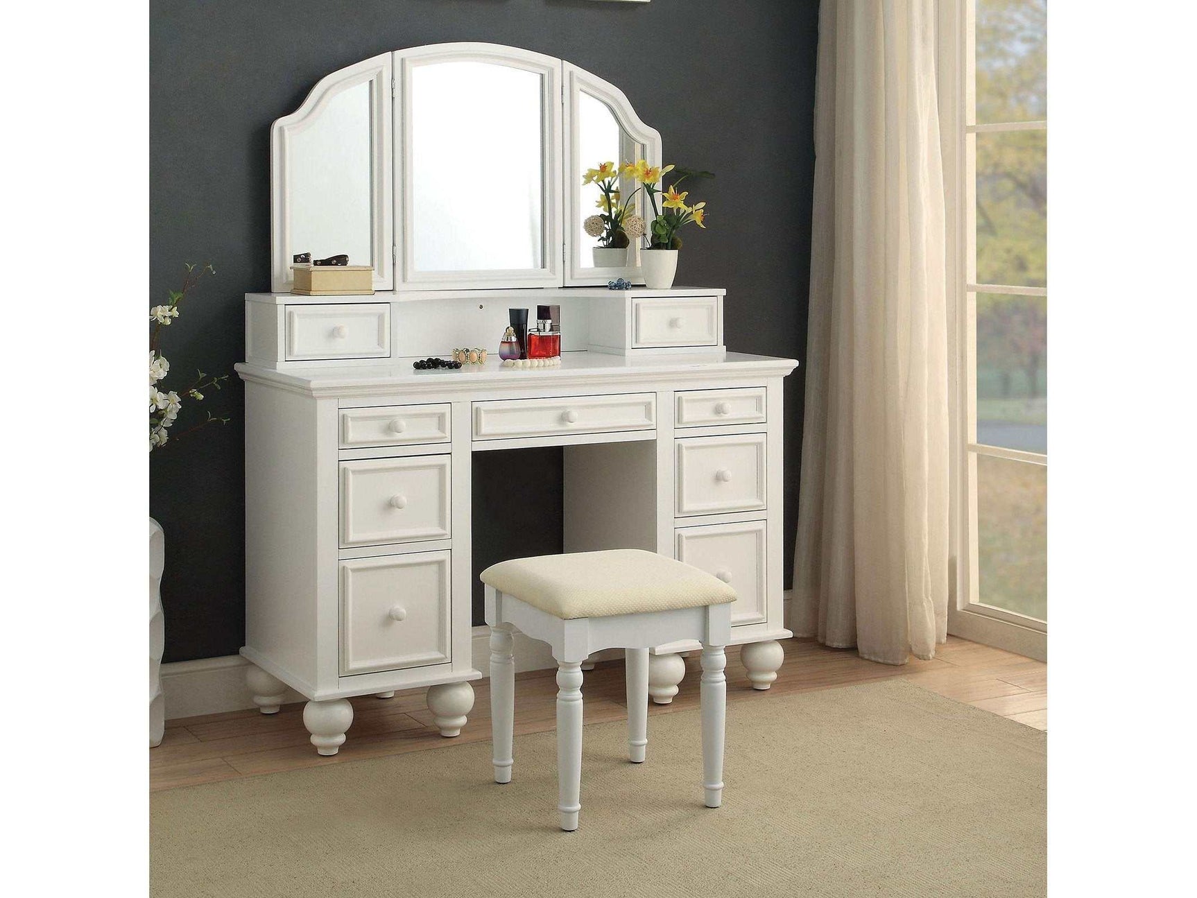 Athy White Vanity Set w/ Stool - Ornate Home