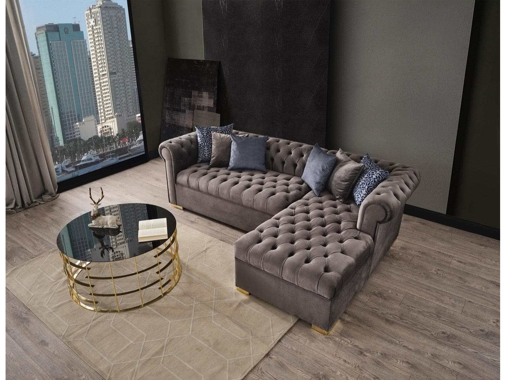 Audrey Gray Velvet RAF Chaise L Shape Sectional Sofa - Ornate Home