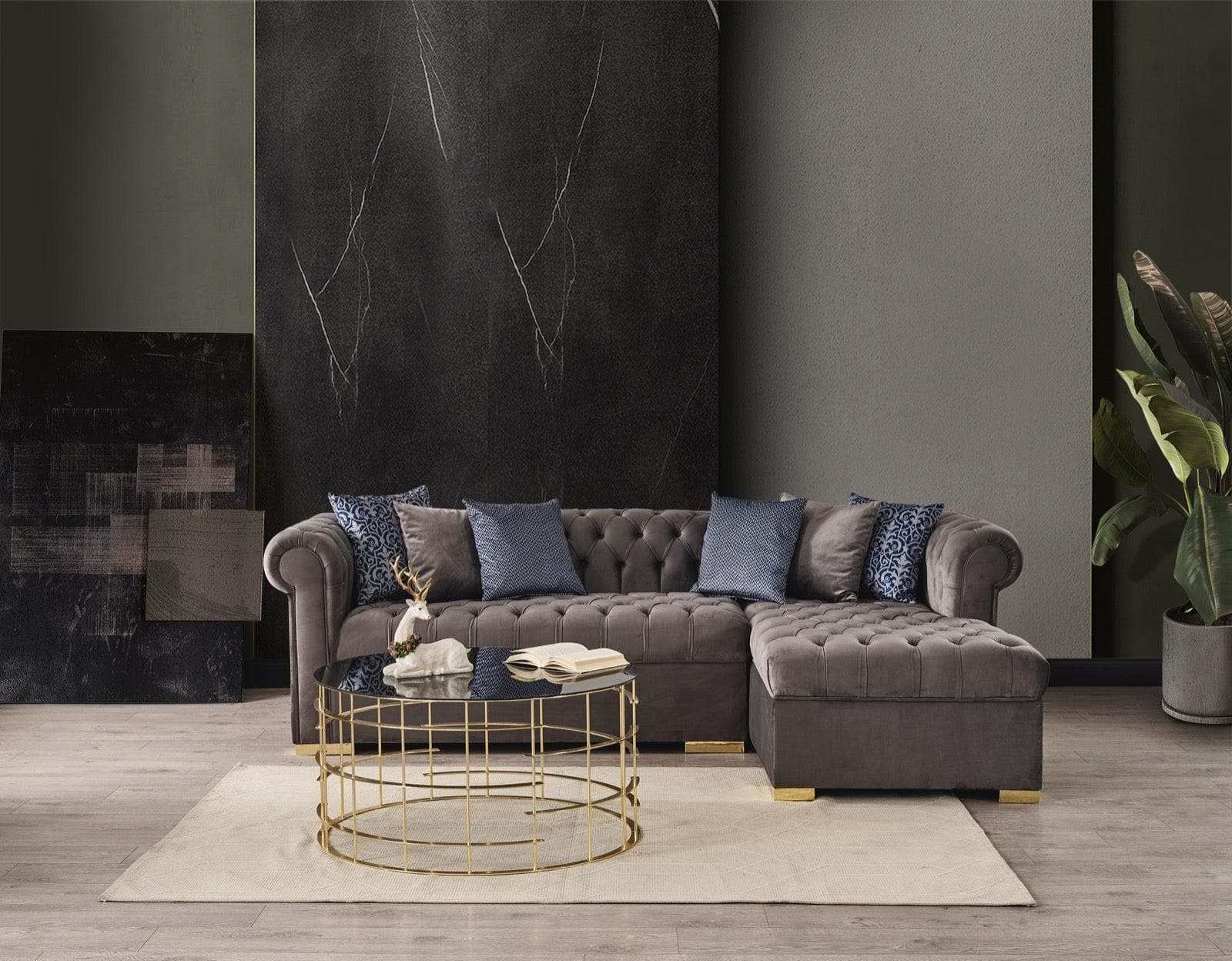 Audrey Gray Velvet RAF Chaise L Shape Sectional Sofa - Ornate Home