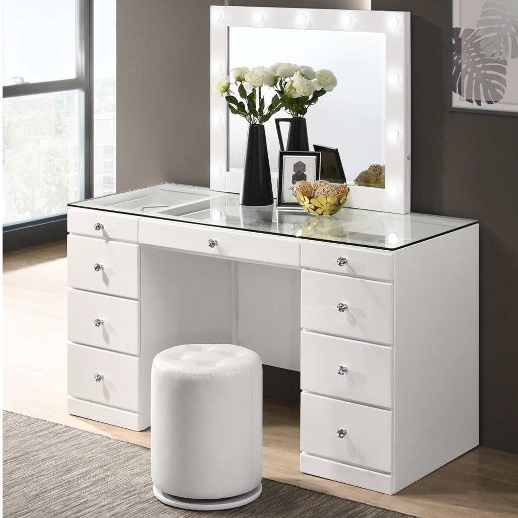 Avery White Vanity Set w/LED Mirror & Stool - Ornate Home