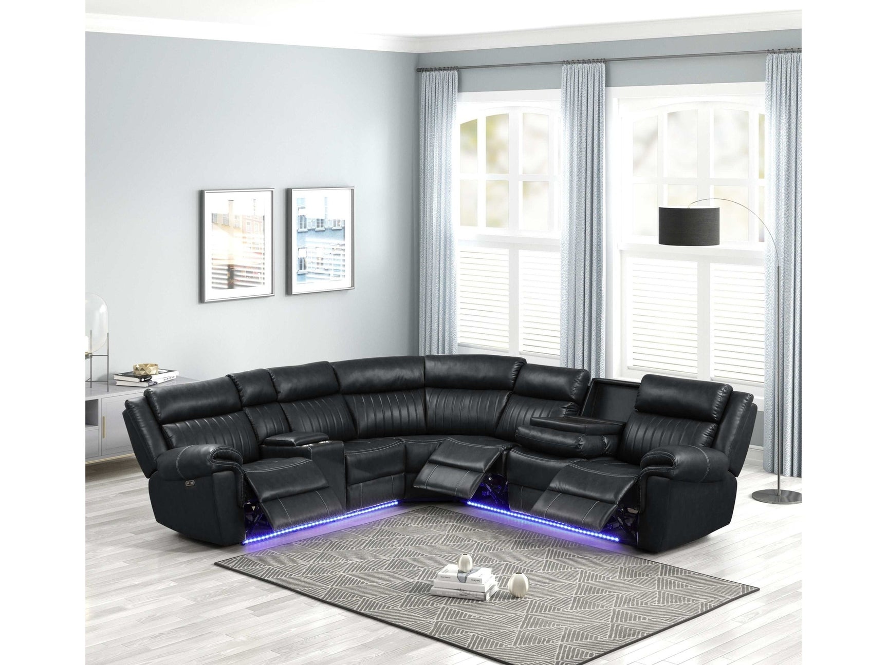 Aviator Black Leather Power Reclining Sectional w/ Console & Drop-down Touchpad - Ornate Home