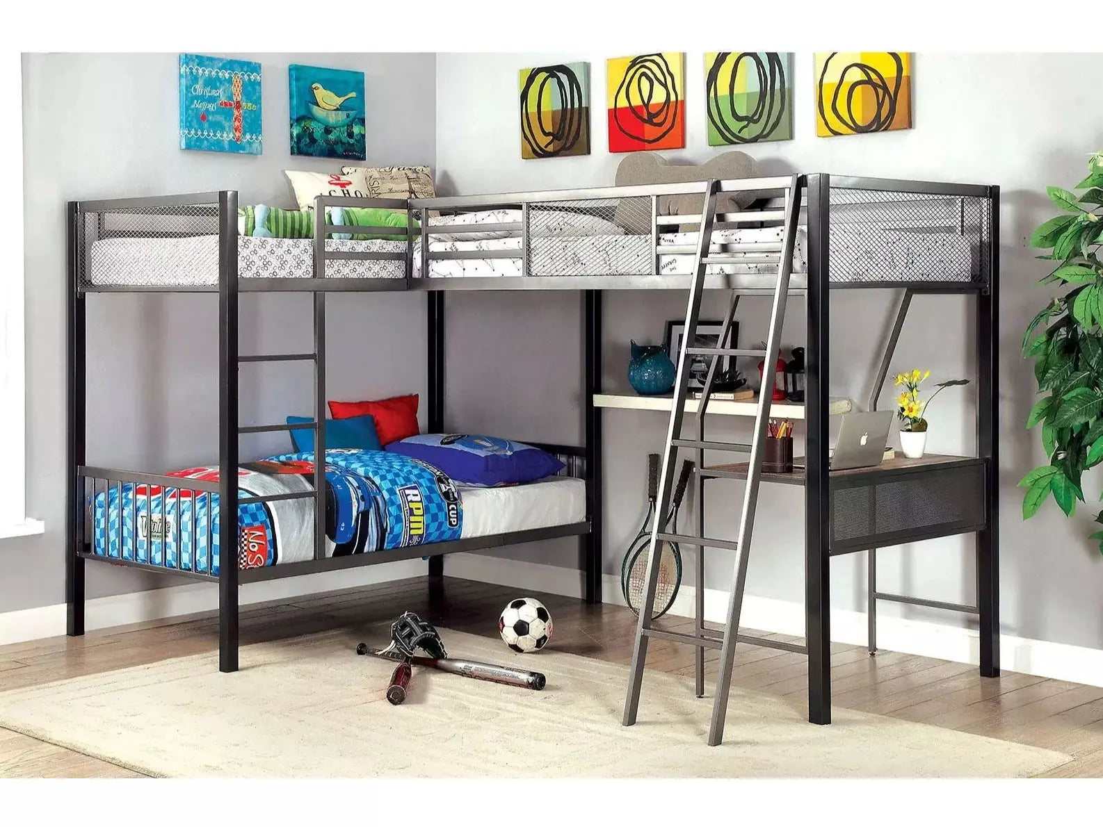 Ballarat Silver Gray L-shaped Triple Twin Bunk Bed w/ Desk - Ornate Home