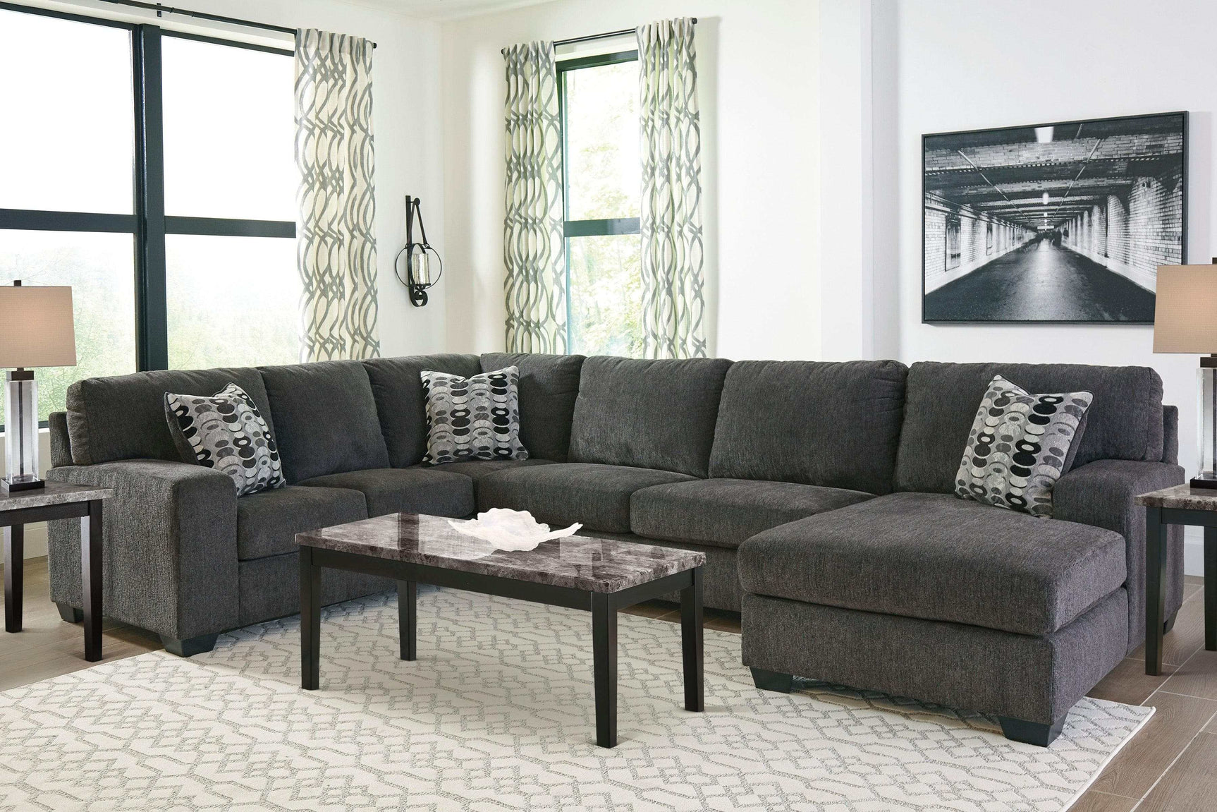 Ballinasloe Smoke 3pc Sectional w/ Chaise - Ornate Home