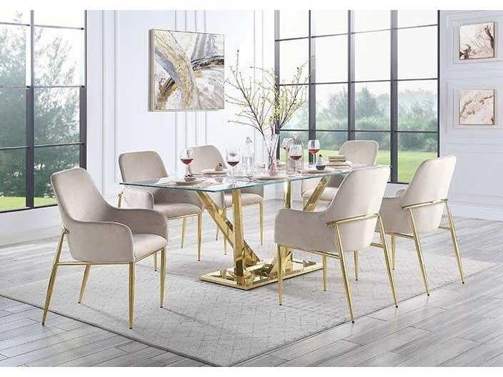 Barnard Clear Glass Top & Mirrored Gold Dining Room Set / 7pc - Ornate Home