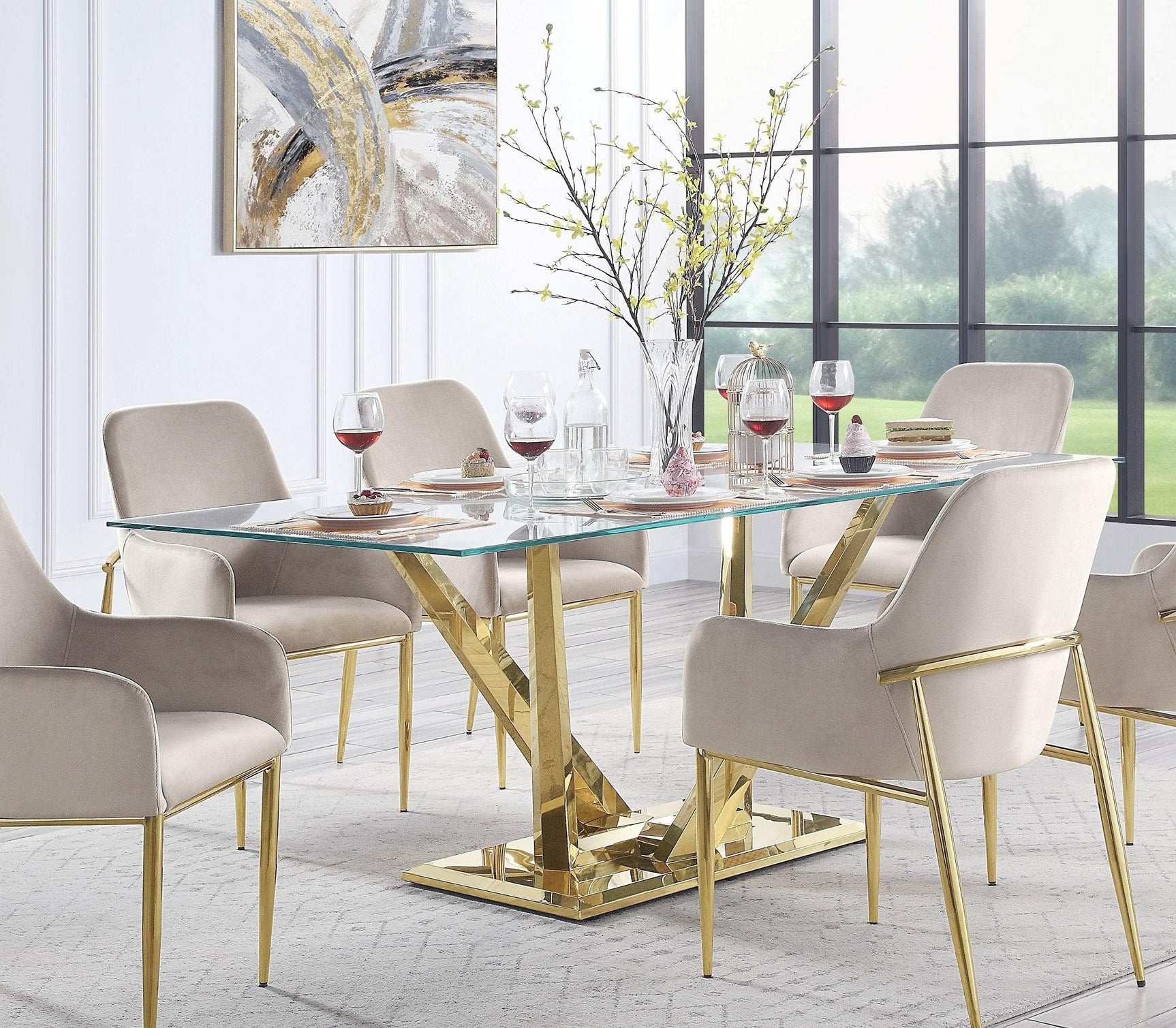 Barnard Clear Glass Top & Mirrored Gold Dining Room Set / 7pc - Ornate Home