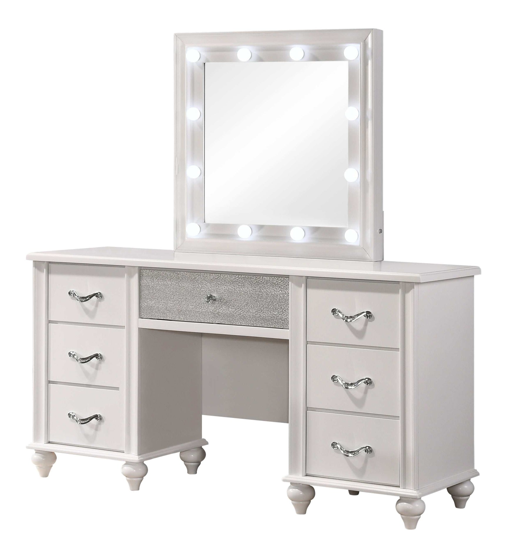 Barzini White 7 Drawer Vanity Desk w/ Lighted Mirror - Ornate Home
