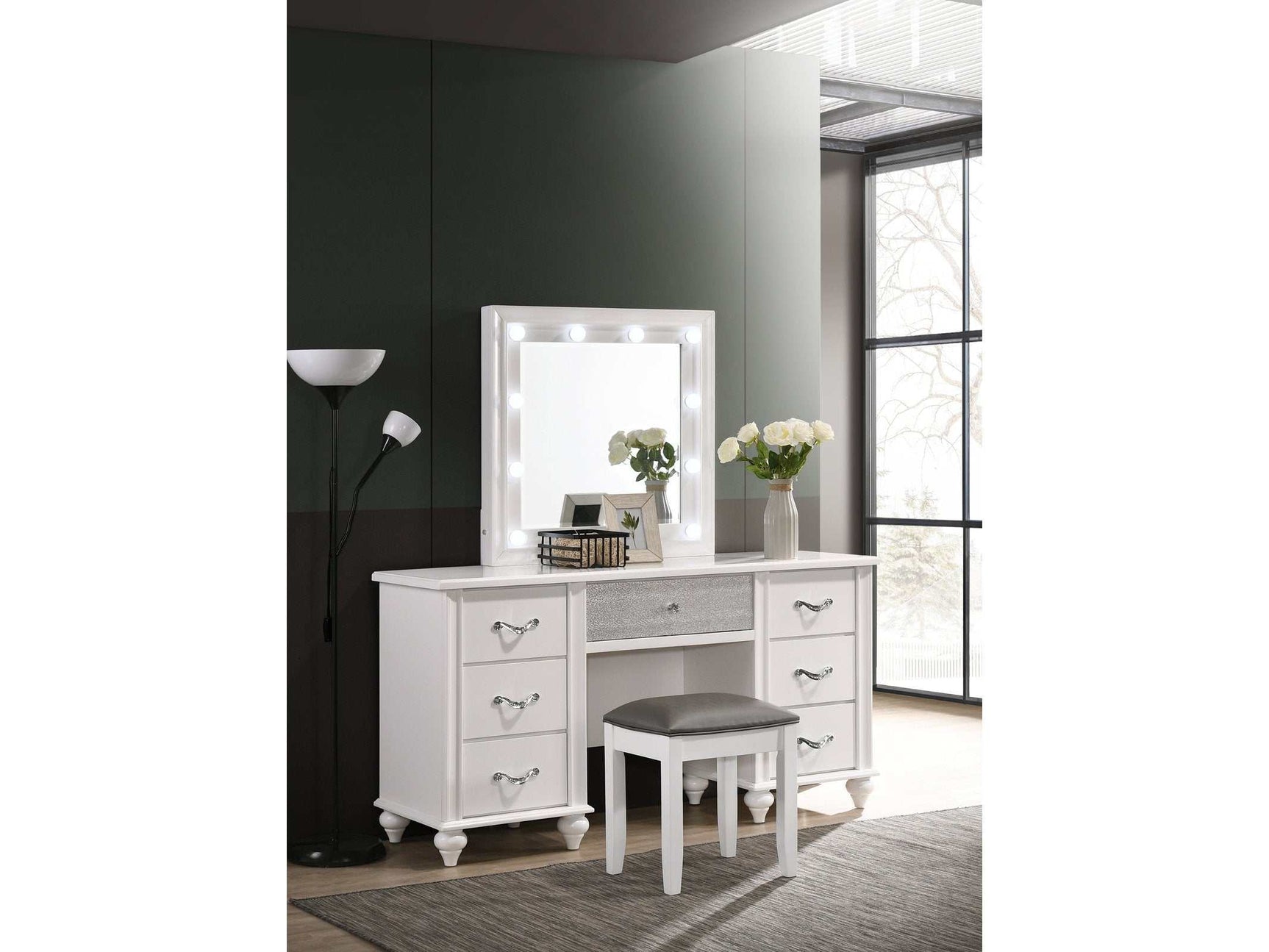 Barzini White 7 Drawer Vanity Desk w/ Lighted Mirror - Ornate Home