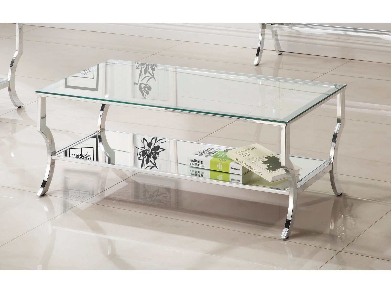Benas Chrome Coffee Table w/ Mirrored Shelf - Ornate Home