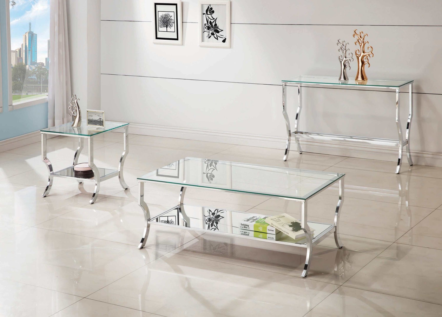 Benas Chrome Coffee Table w/ Mirrored Shelf - Ornate Home