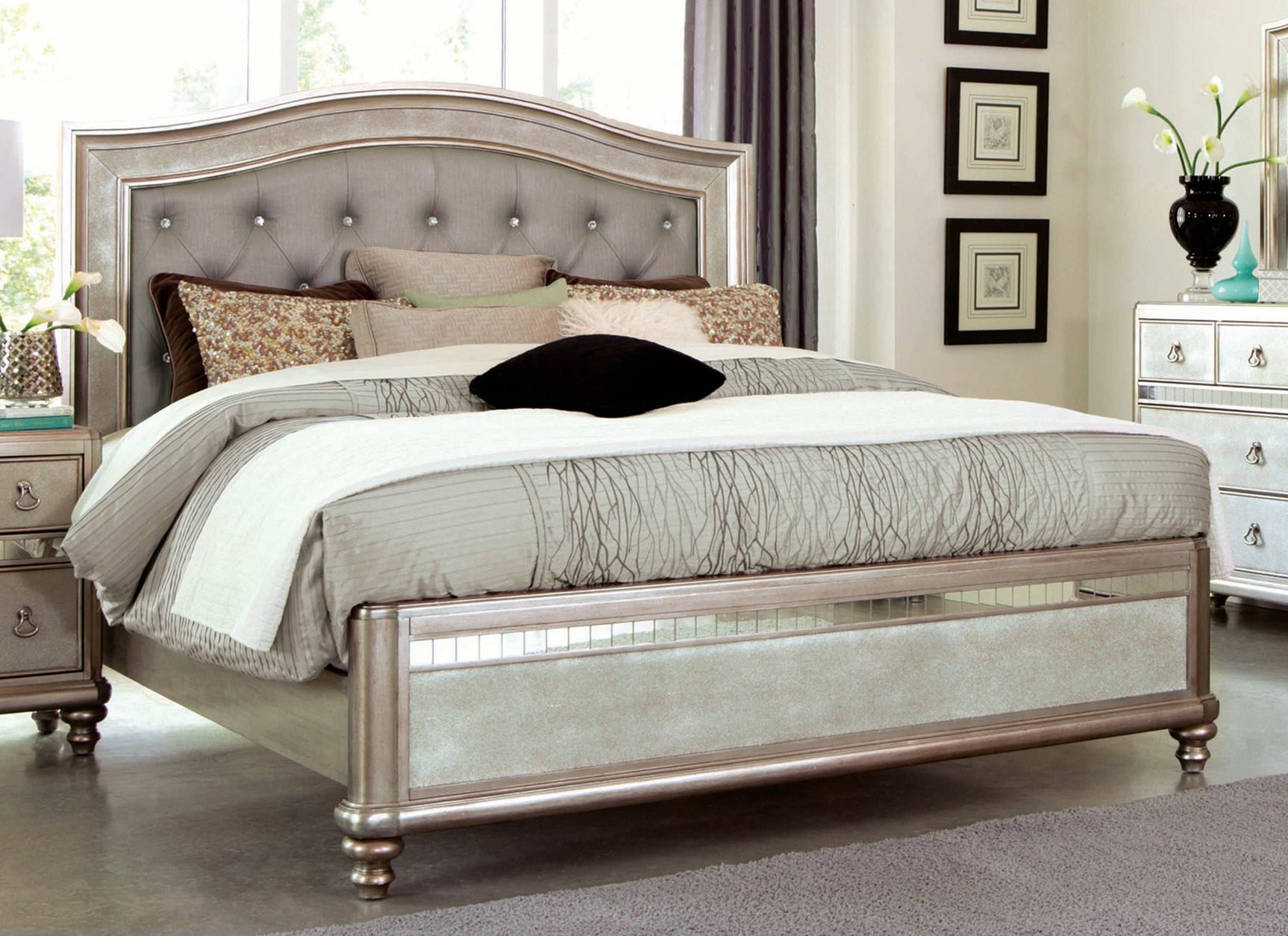 Bling Game Metallic Platinum California King Panel Bed - Ornate Home