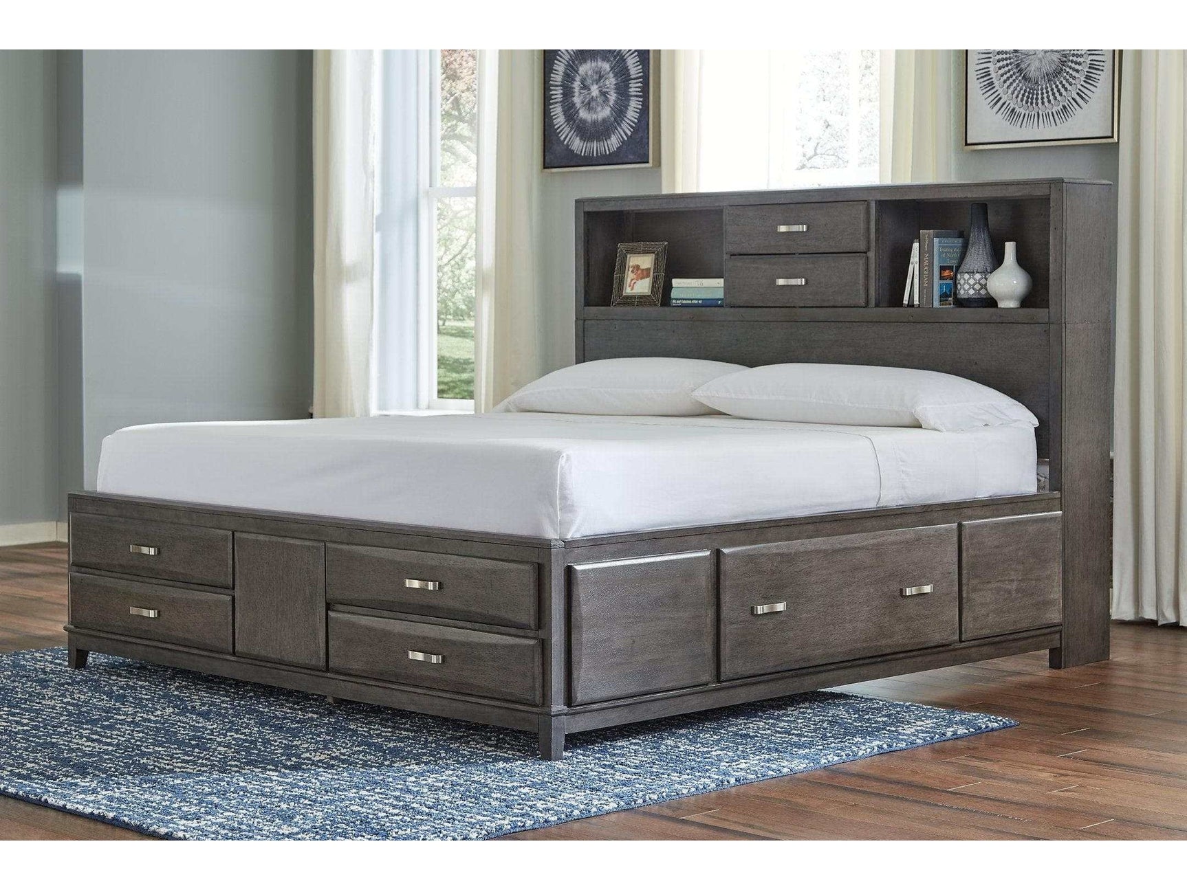 Caitbrook Gray King Storage Bed w/ 8 Drawers - Ornate Home