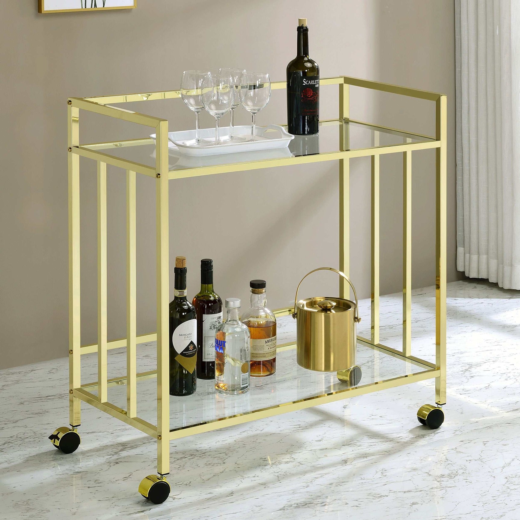 Cara Clear Glass / Brass Bar Cart - Ornate Home