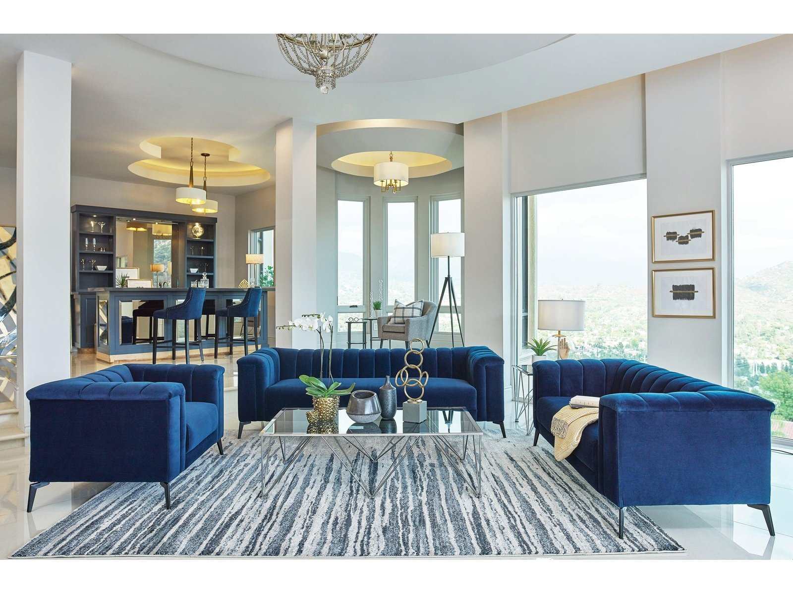 Chalet Blue Velvet 3pc Living Room Set - Ornate Home