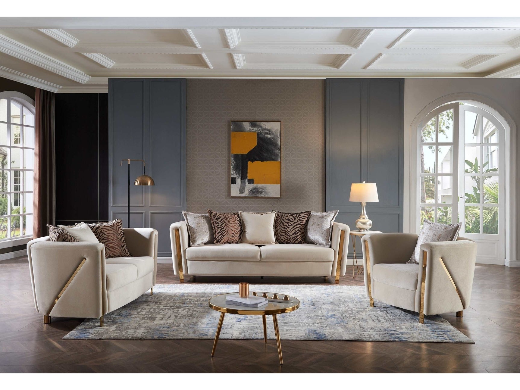 Chanelle Beige Velvet Living Room Set / 3pc - Ornate Home