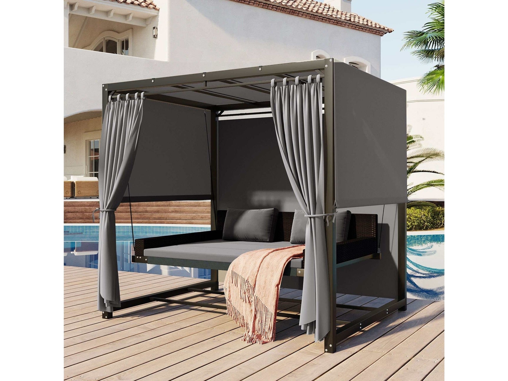 Cibola Rattan Outdoor Swing Bed with Adjustable Curtains Gray - Ornate Home