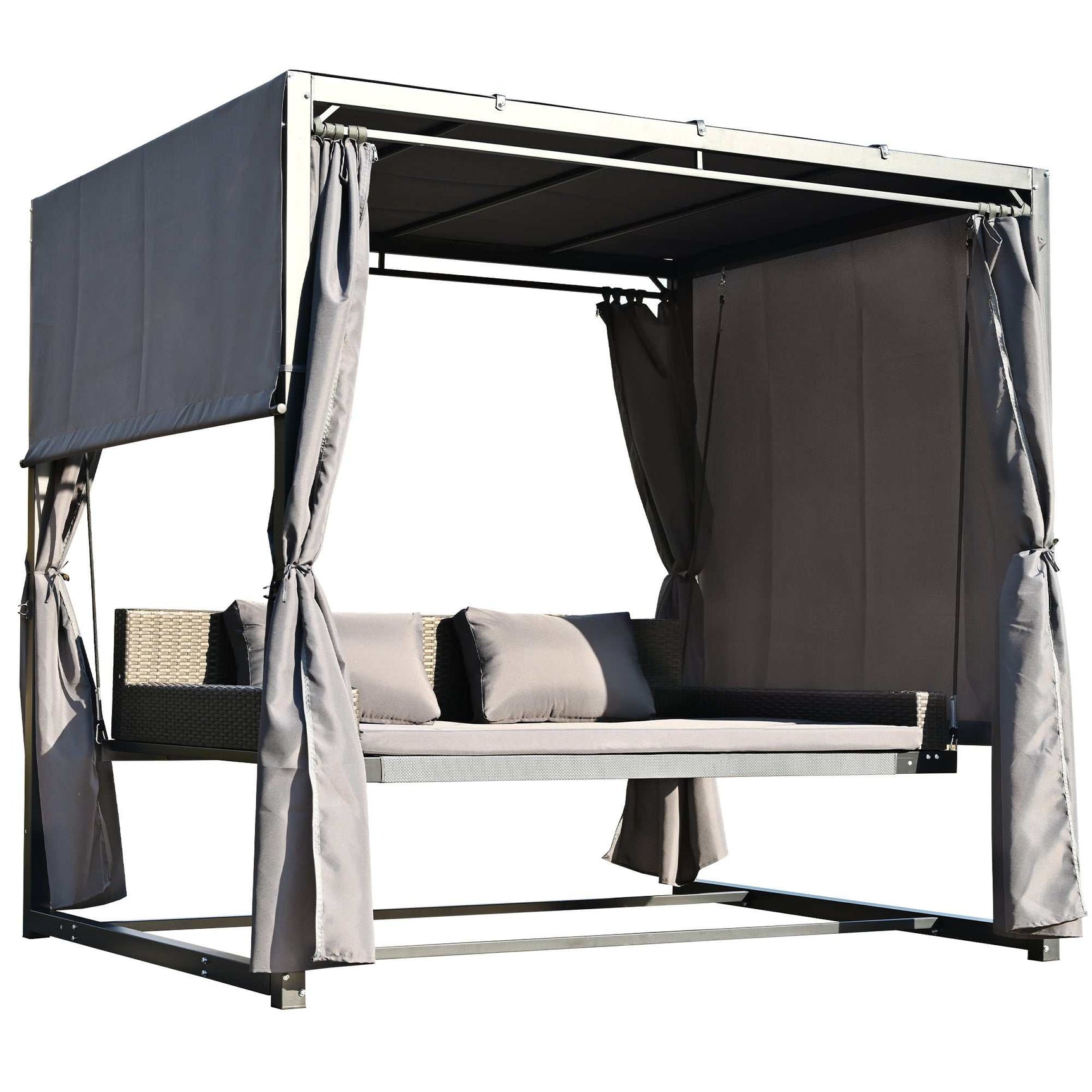 Cibola Rattan Outdoor Swing Bed with Adjustable Curtains Gray - Ornate Home
