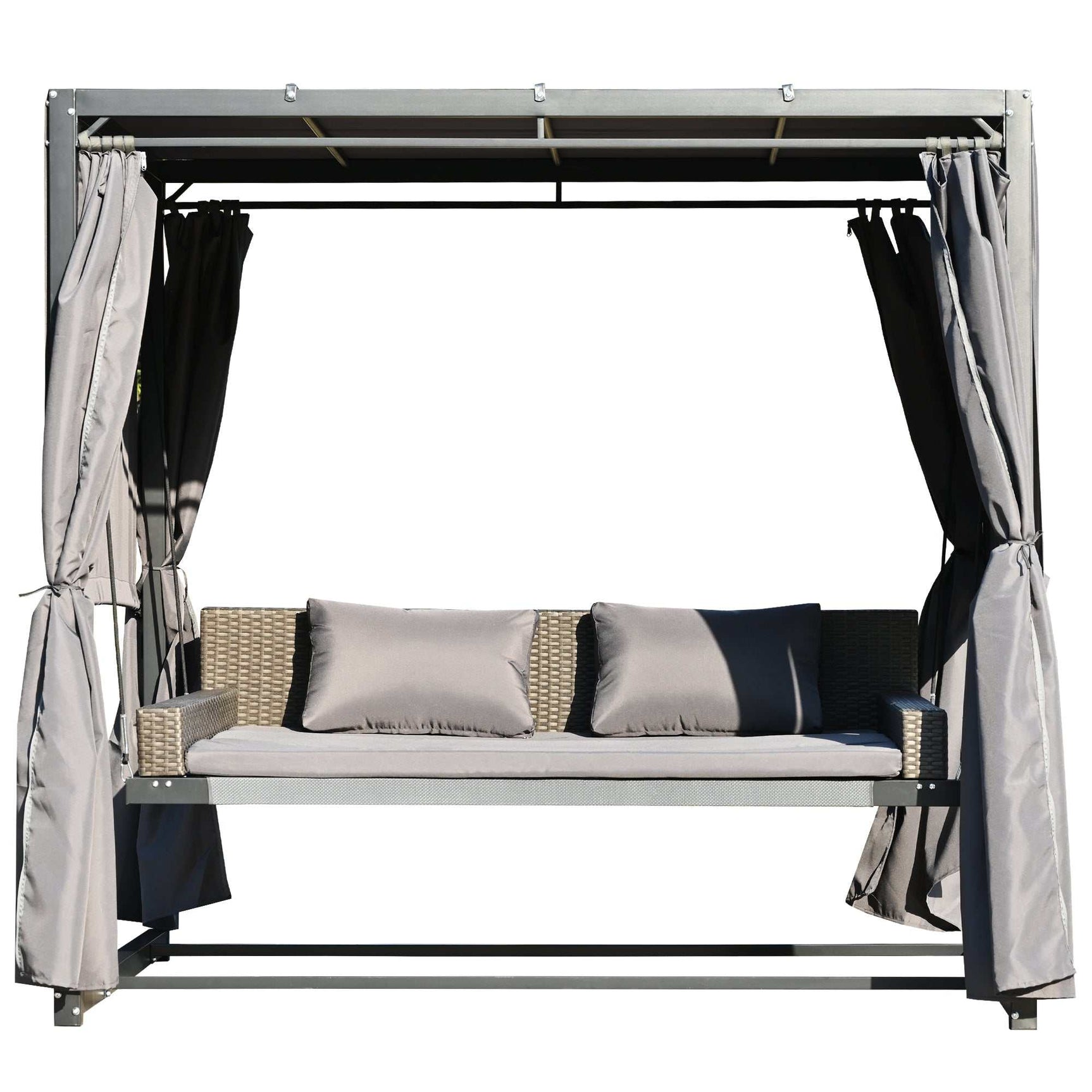 Cibola Rattan Outdoor Swing Bed with Adjustable Curtains Gray - Ornate Home