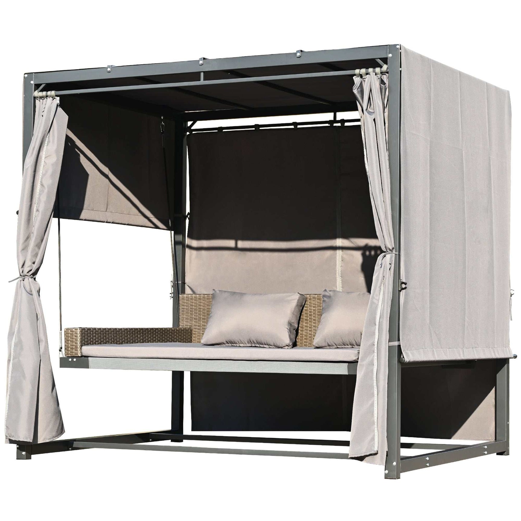 Cibola Rattan Outdoor Swing Bed with Adjustable Curtains Gray - Ornate Home