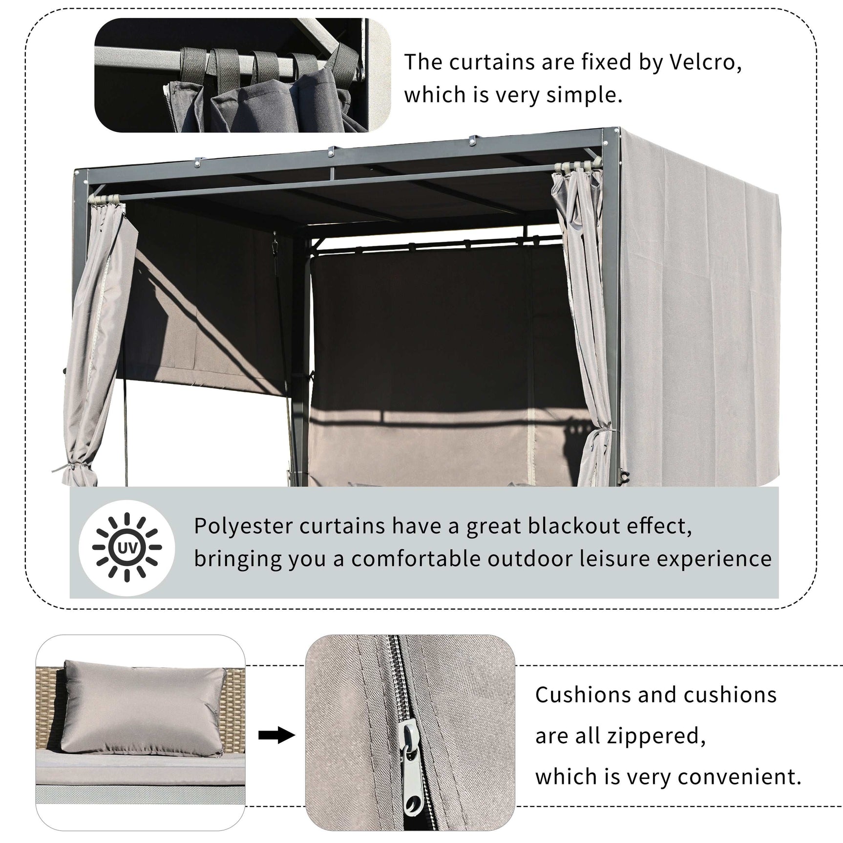 Cibola Rattan Outdoor Swing Bed with Adjustable Curtains Gray - Ornate Home