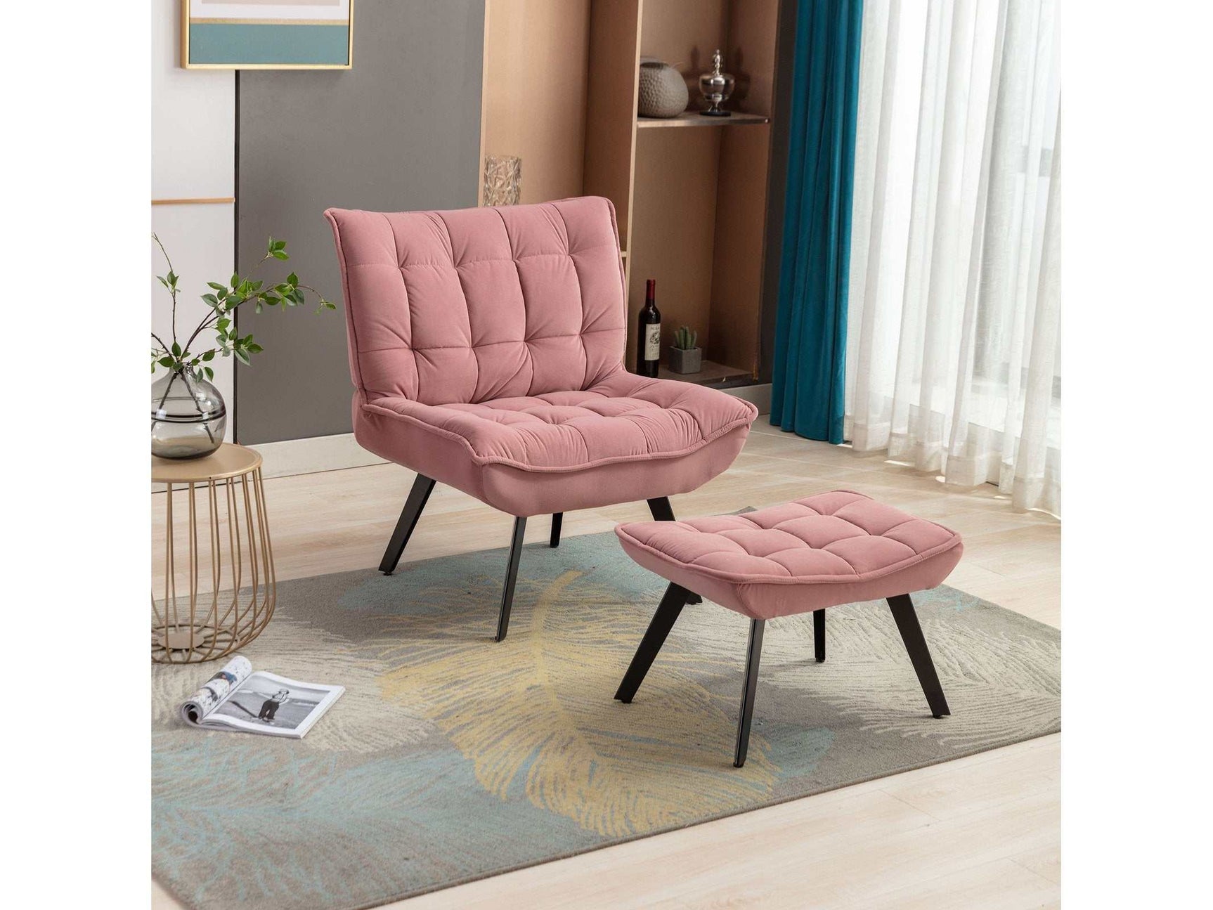Cinder Velvet Accent Chair with Ottoman Pink - Ornate Home