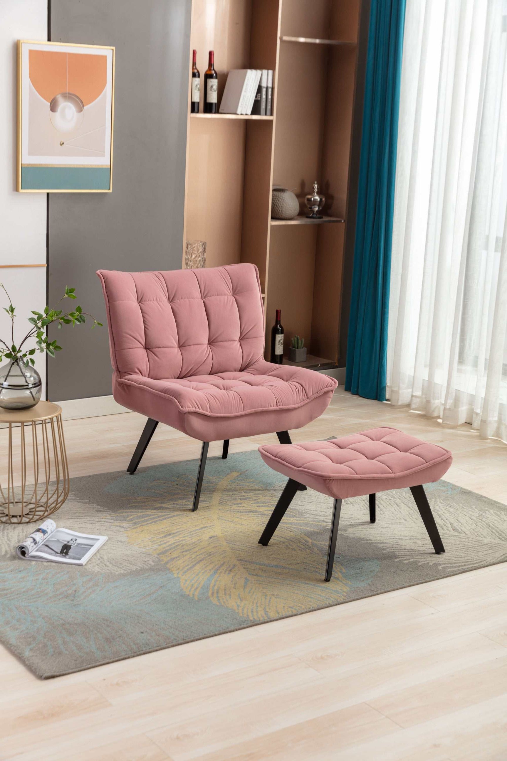 Cinder Velvet Accent Chair with Ottoman Pink - Ornate Home