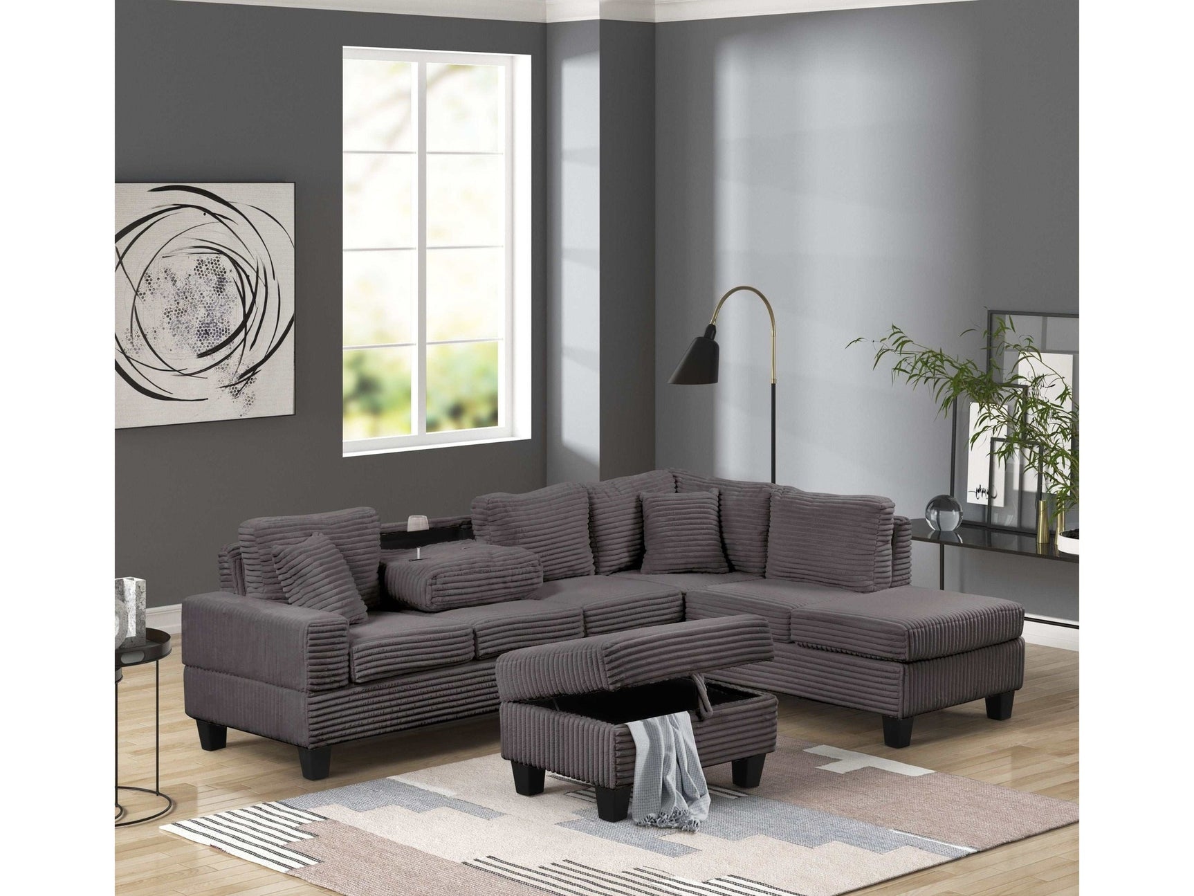 Cozy Gray Velvet RAF Sectional Sofa w/ Storage Ottoman - Ornate Home