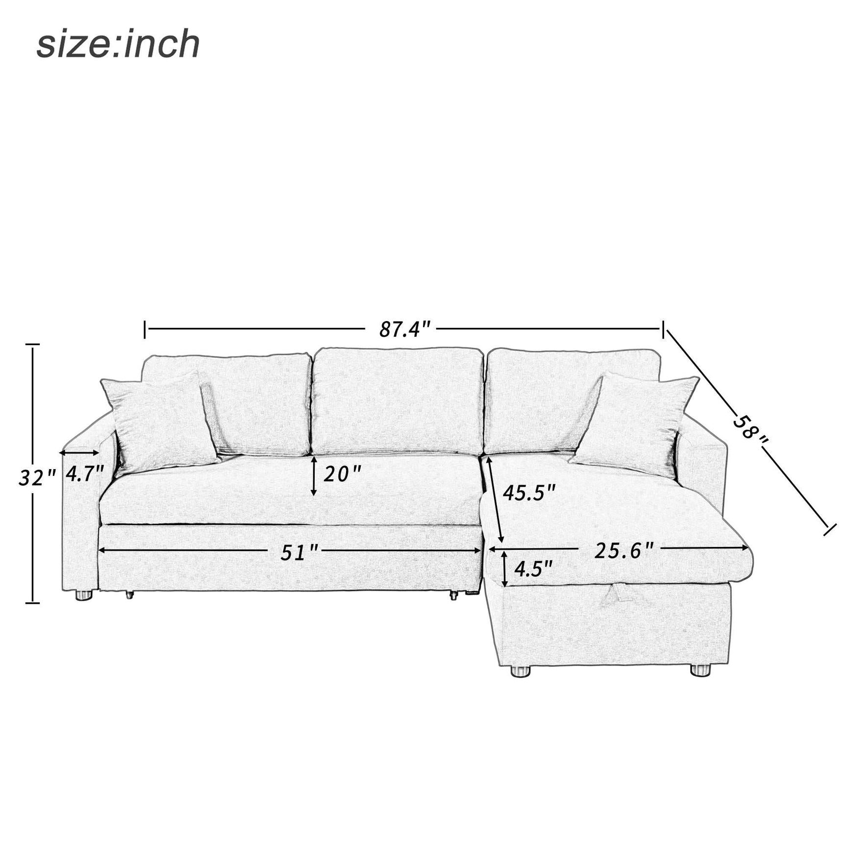 Crane Sleeper Sectional Sofa Grey with Storage Space - Ornate Home