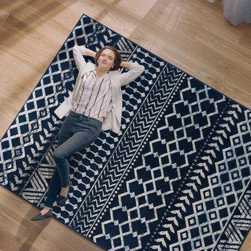 Crystal Navy Blue/Cream Modern Boho Indoor Non Slip Area Rugs - Ornate Home
