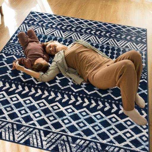 Crystal Navy Blue/Cream Modern Boho Indoor Non Slip Area Rugs - Ornate Home
