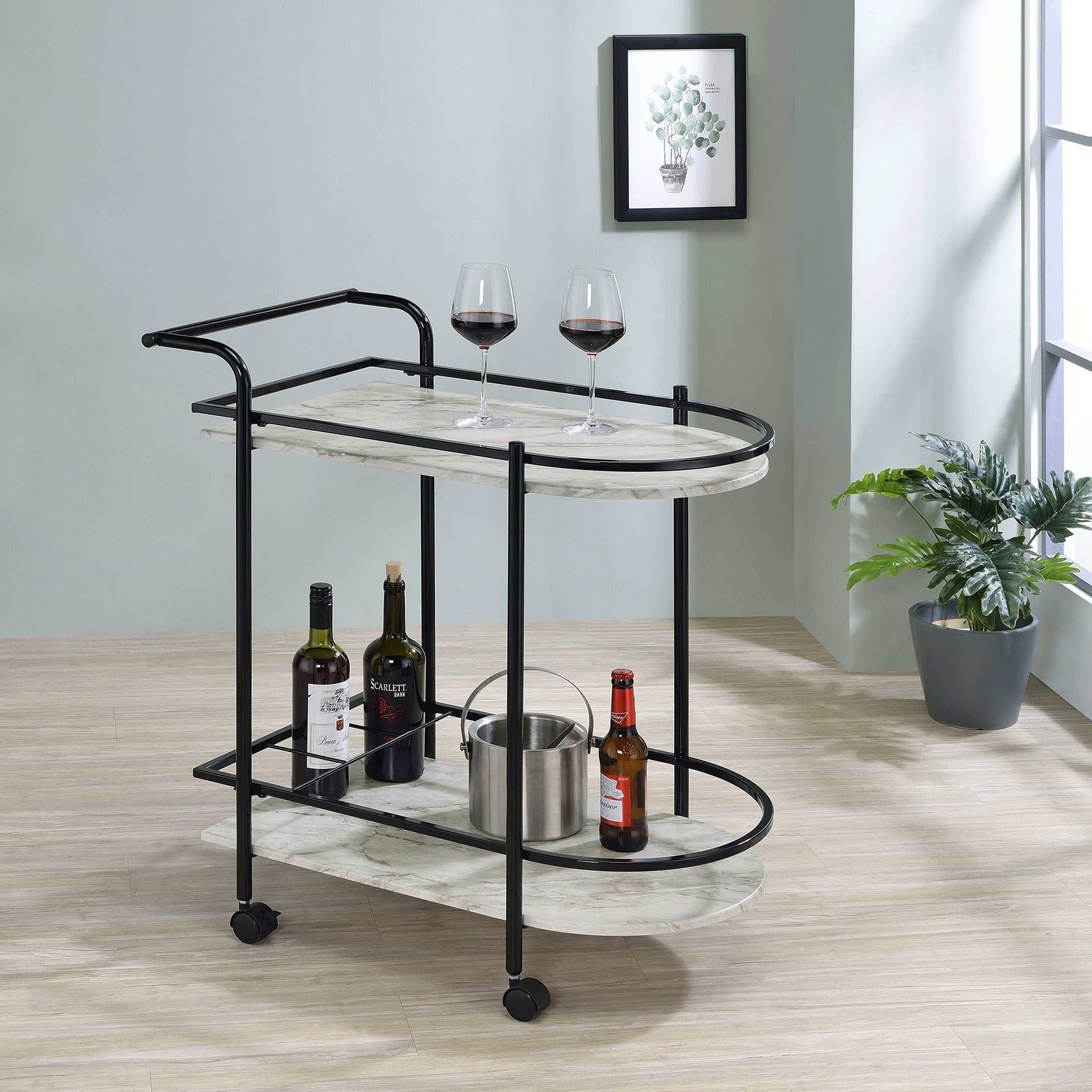 Desiree Faux White Marble / Black Bar Cart - Ornate Home