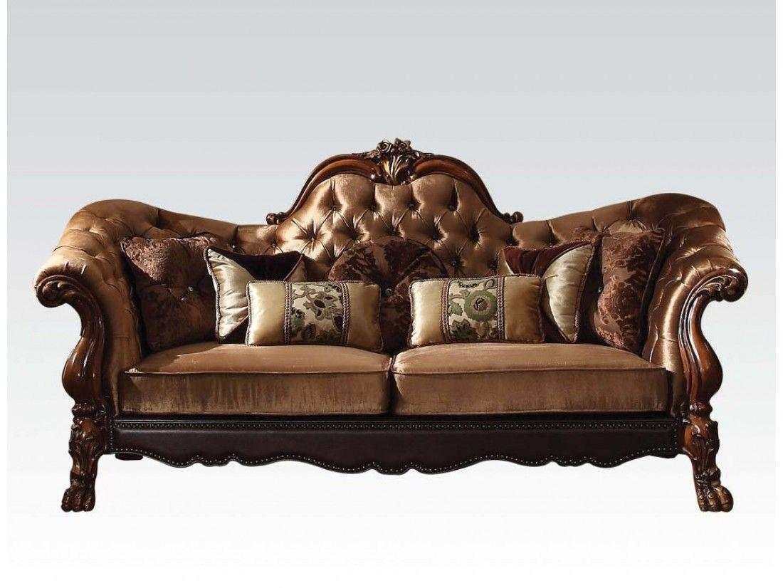 Dresden Brown Velvet/Cherry Oak Sofa w/7 Pillows - Ornate Home
