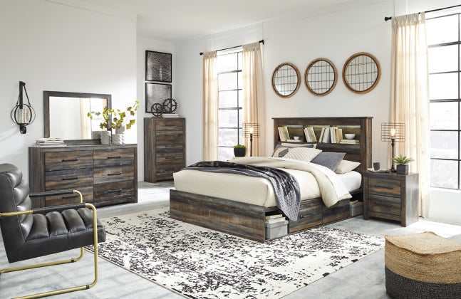 Drystan Multi Tone Queen Bed w/ 4 Storage Drawers & Bookcase HB - Ornate Home