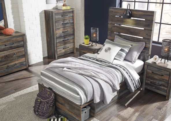 Drystan Multi Tone Twin Panel Bed w/ 4 Storage Drawers - Ornate Home