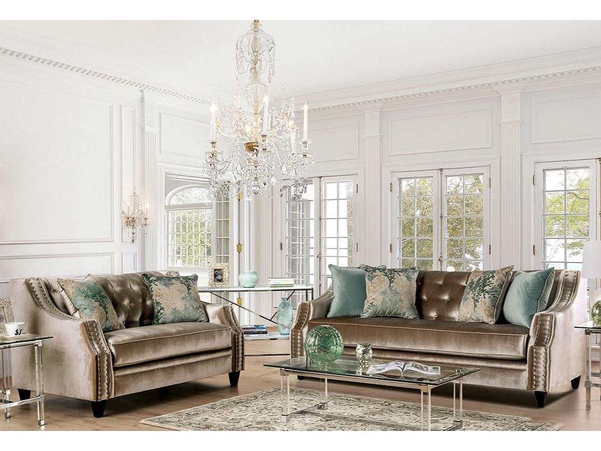 Elicia Champagne Stationary Sofa & Loveseat 2pc - Ornate Home