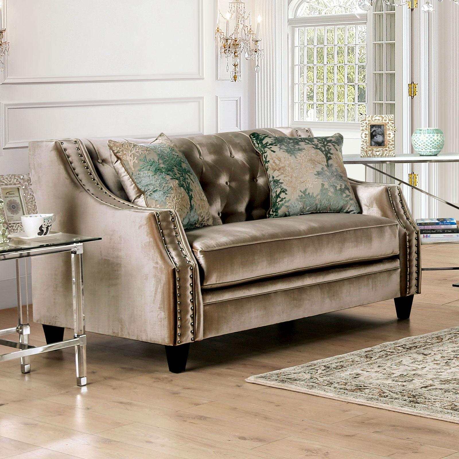 Elicia Champagne Stationary Sofa & Loveseat 2pc - Ornate Home