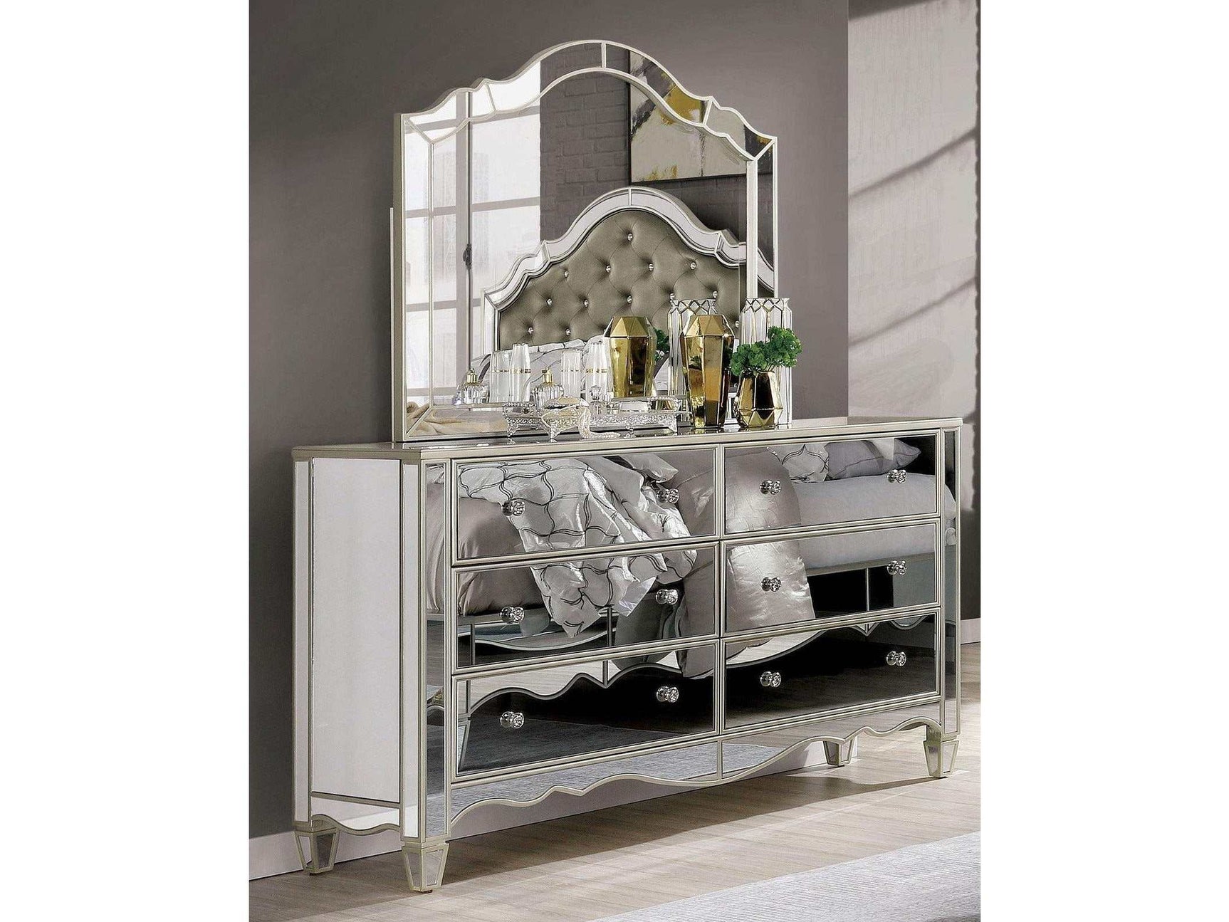 Eliora Silver & Mirrored Dresser and Mirror - Ornate Home