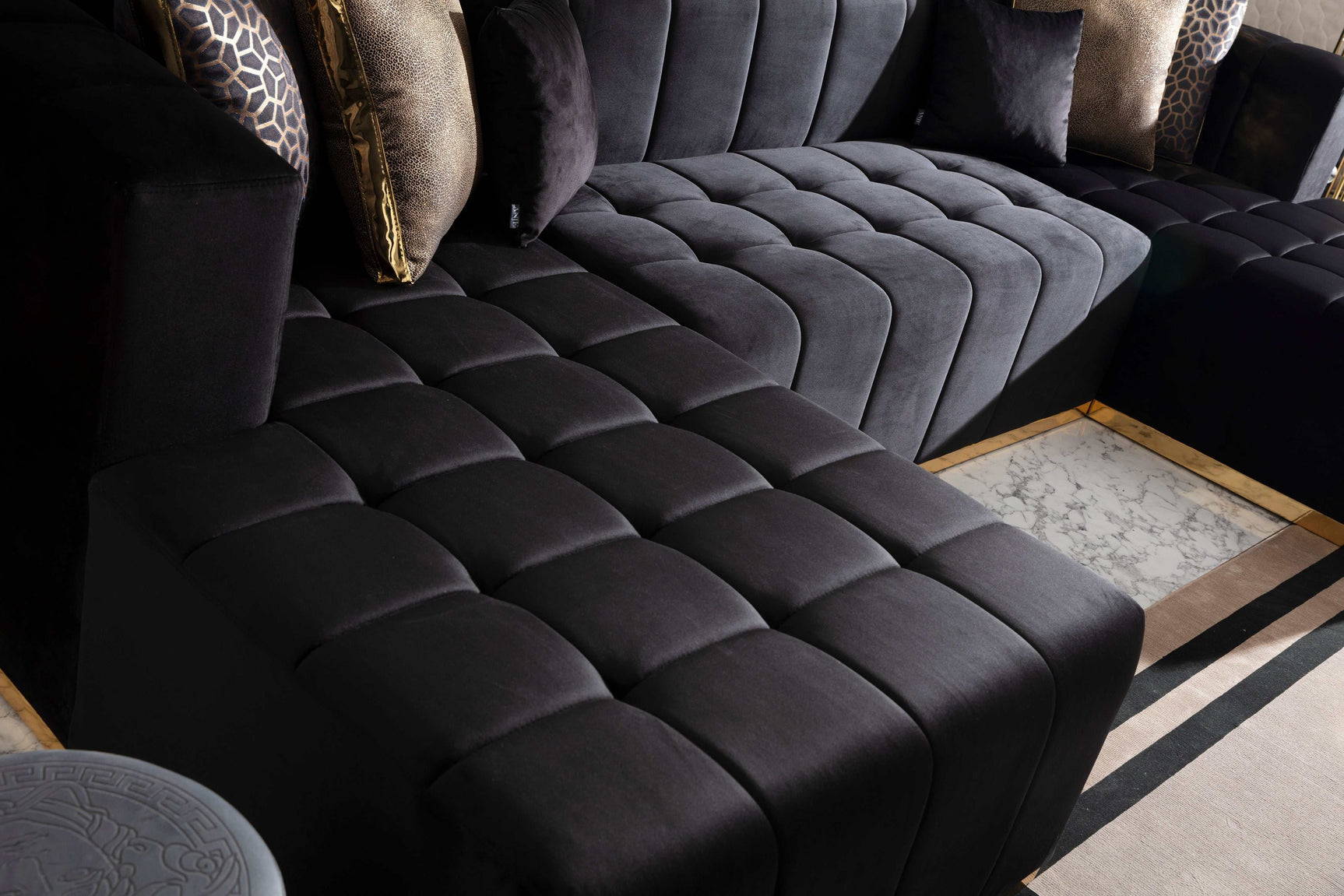 Elisha Black Velvet Double Chaise Sectional - Ornate Home