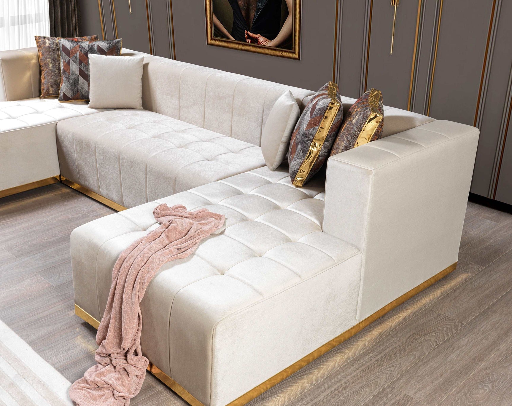 Elisha Ivory Velvet Double Chaise Sectional - Ornate Home