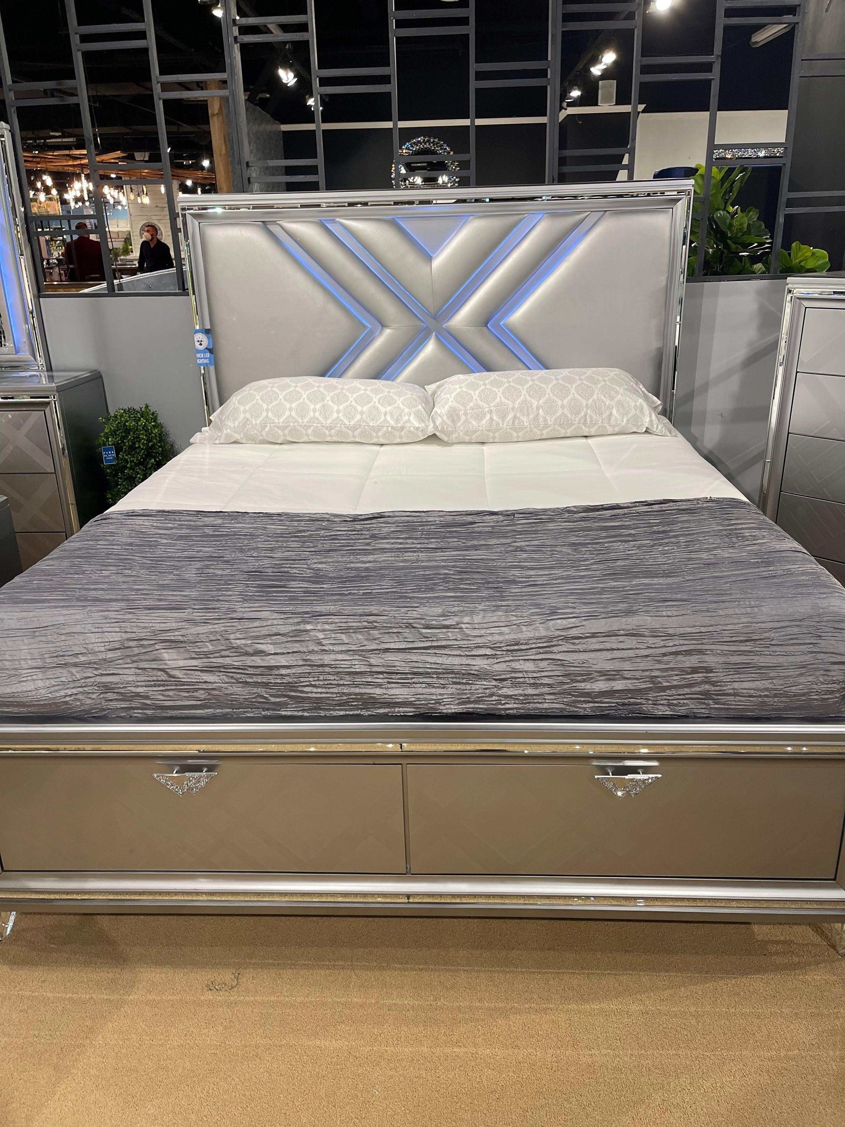 Emmeline Silver Cal. King Bed w/ HB LED Lights & FB Drawers - Ornate Home