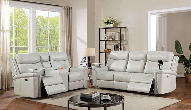 Florine Light Gray Leatherette Power Reclining Sofa - Ornate Home
