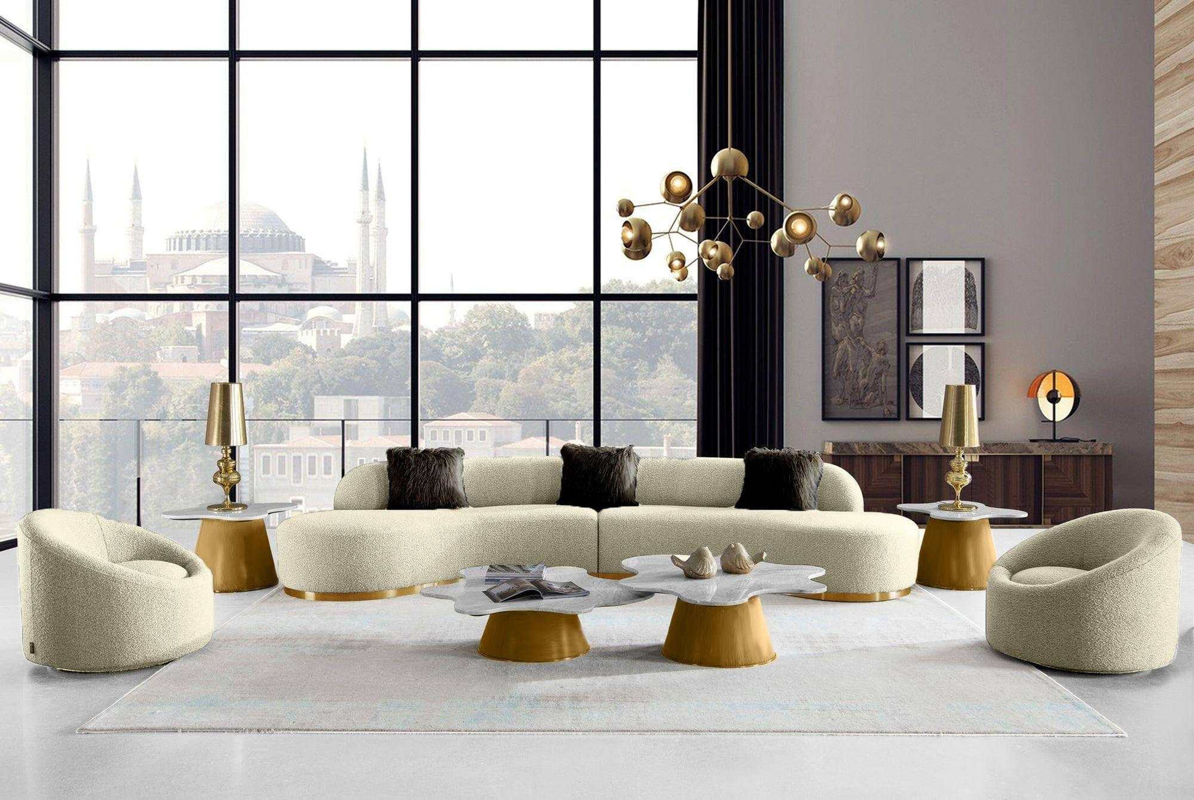 Frontier Glam Beige Fabric Symmetrical Curved Sectional Sofa - Ornate Home