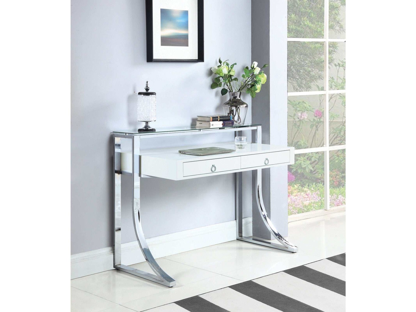 Gemma Glossy White & Chrome 2 Drawer Writing Desk - Ornate Home