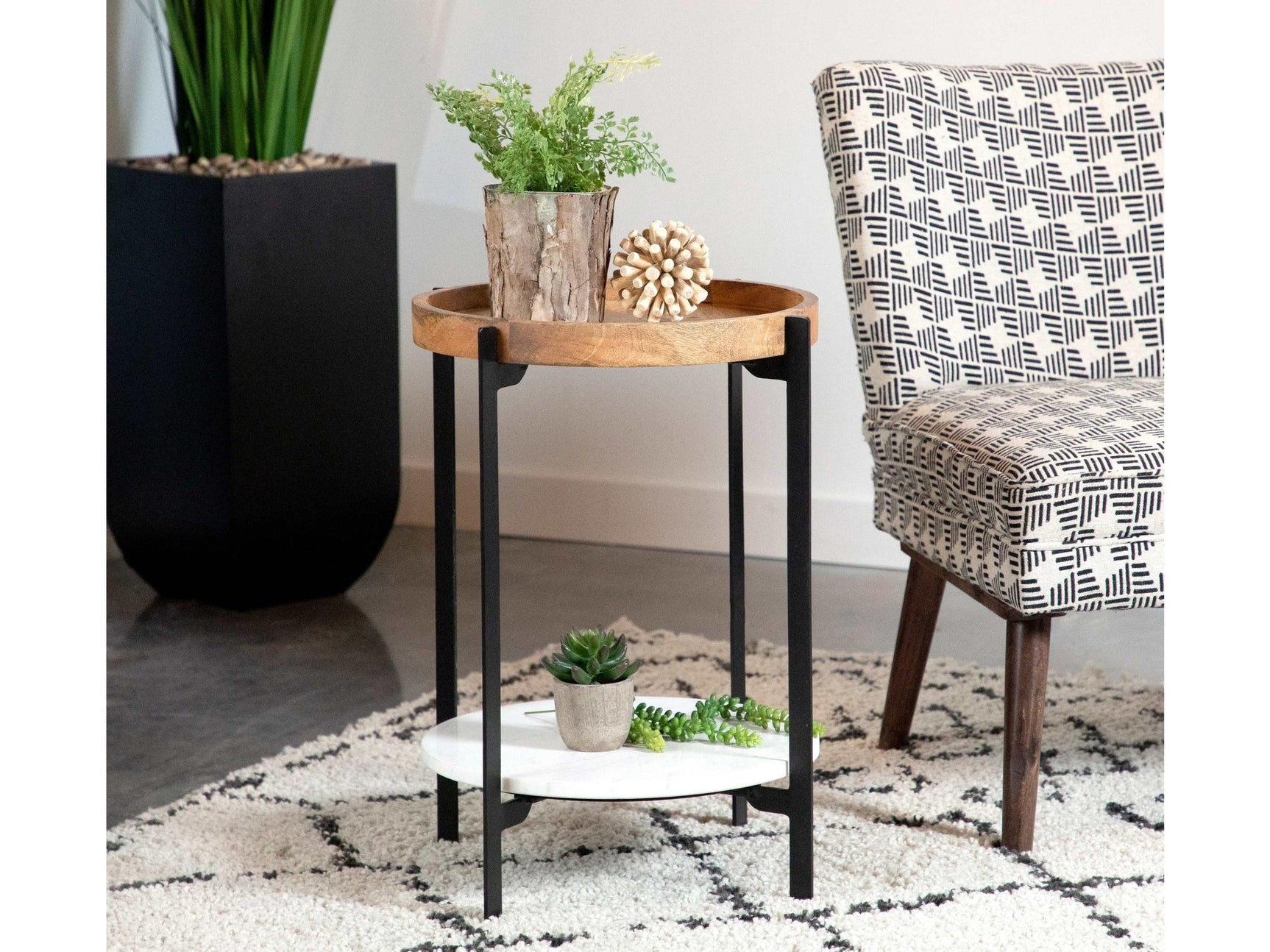 Gerald Natural & Black Round Accent Table w/ Marble Shelf - Ornate Home