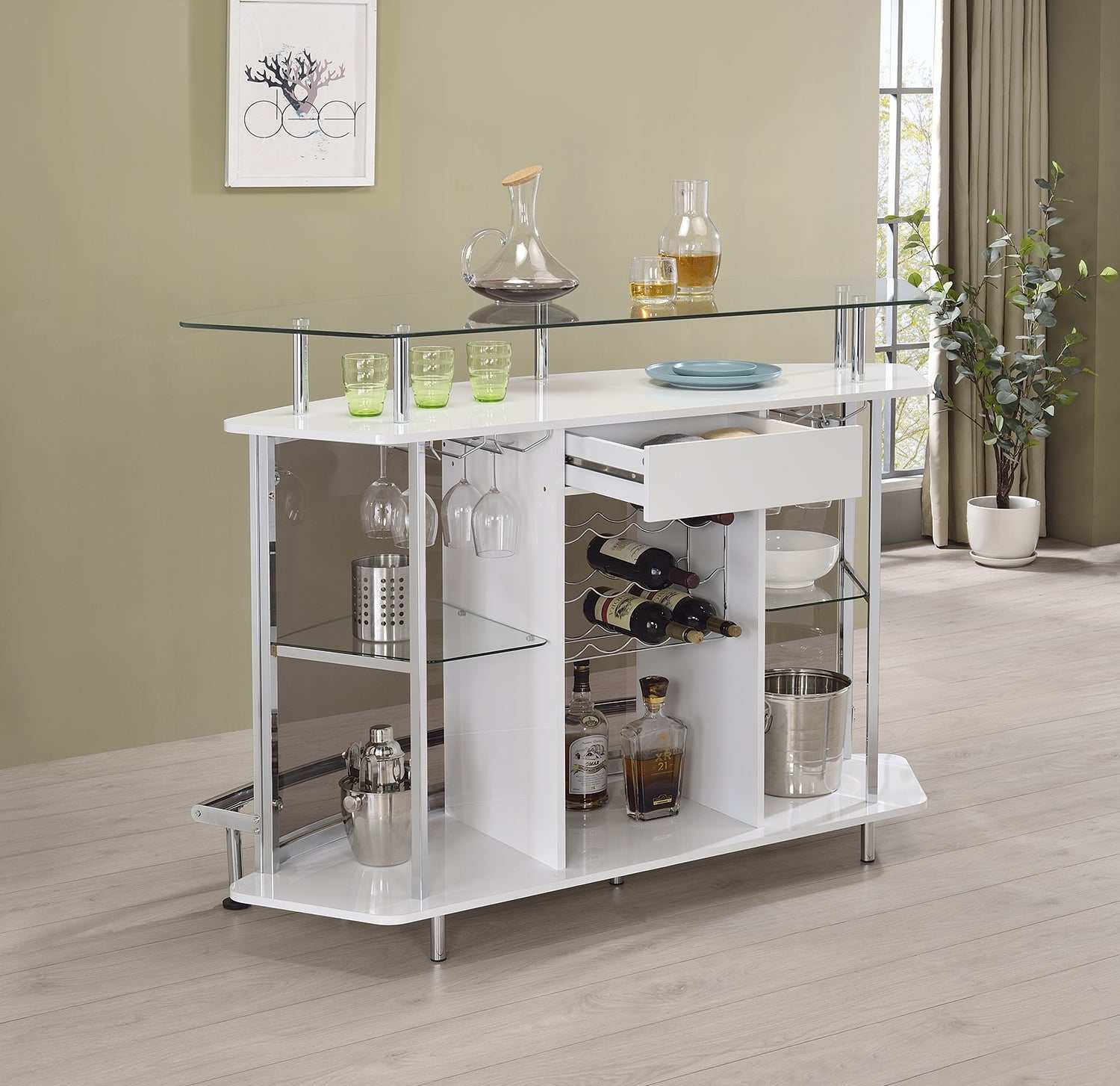 Gideon White High Gloss / Chrome Home Bar - Ornate Home