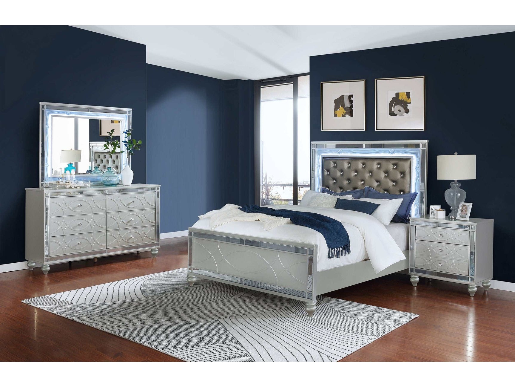 Gunnison Silver Metallic Eastern King Bed 4 Pc Set - Ornate Home