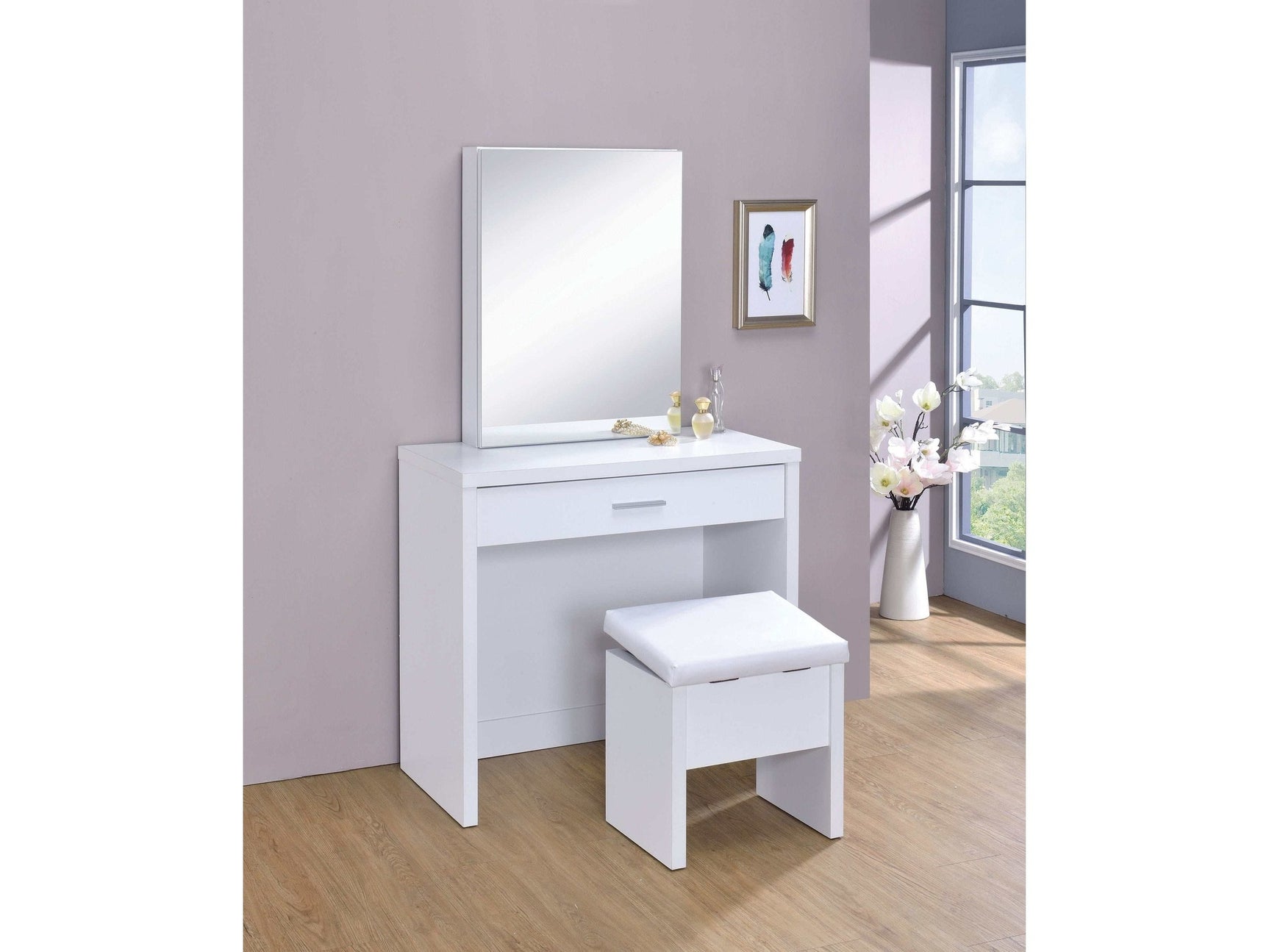Harvey White Vanity Set w/ LiftTop Stool - Ornate Home